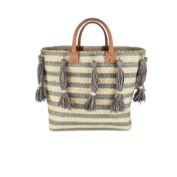Mar Y Sol Sahara Tote Bag Straw Tassel Striped Large Leather Handle Handbag - Picture 1 of 13